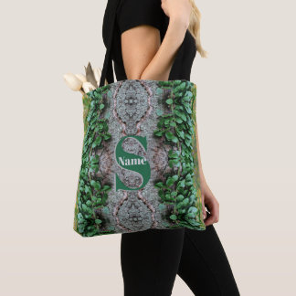 Bolsa Tote Inicial de Monograma Personalizado Nome Folhas de