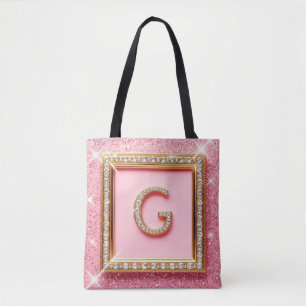 Bolsa Tote Inicial Diamante G Moldura Dourada Monograma Brilh