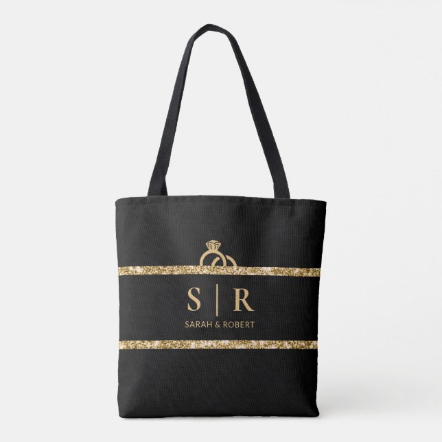 Bolsa Tote Inicial do Monograma com Brilho Preto e Dourado pa (Verso)