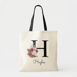 Bolsa Tote Inicial Floral Boho Cor-de-rosa Monograma H