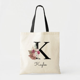 Bolsa Tote Inicial Floral Boho Rosa Monograma K