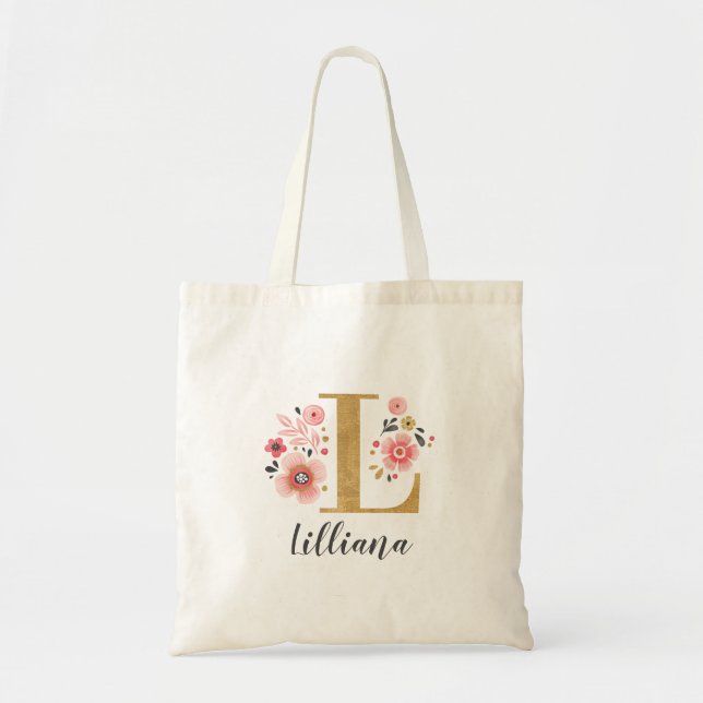 Bolsa Tote Inicial Floral Monograma Dourada Tendência Nome (Frente)