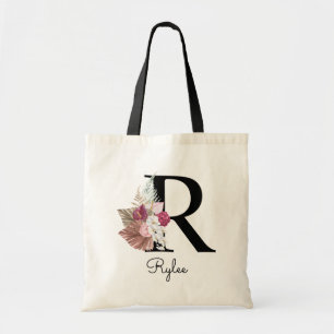 Bolsa Tote Inicial Floral Rosa Boho Monograma R