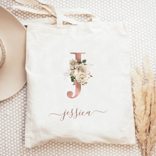 Bolsa Tote Inicial J em Floral Marfim Rosa Dourado