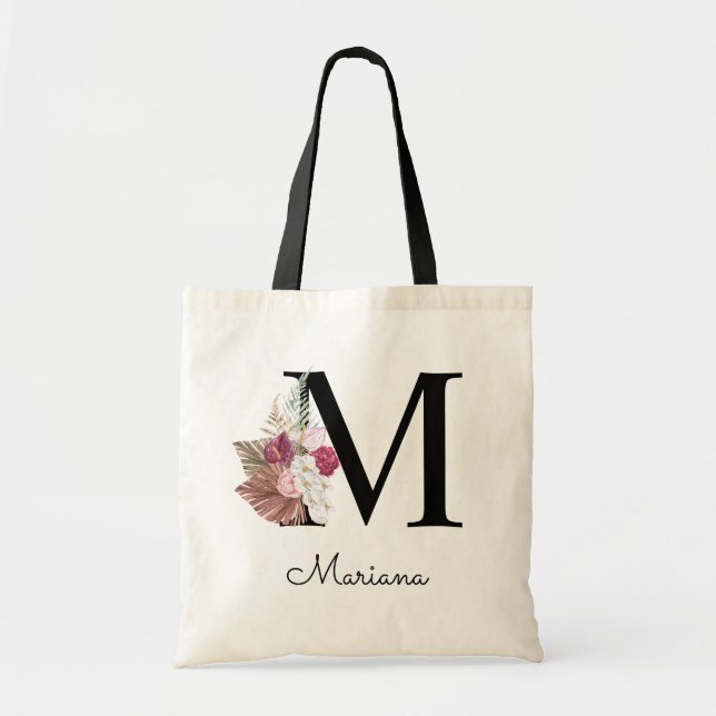 Bolsa Tote Inicial Monogramada M Floral Boho Rosa (Frente)