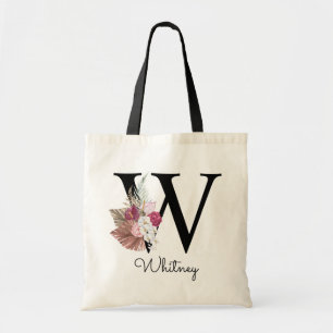 Bolsa Tote Inicial Monogramada W Rosa Boho Floral Feminino