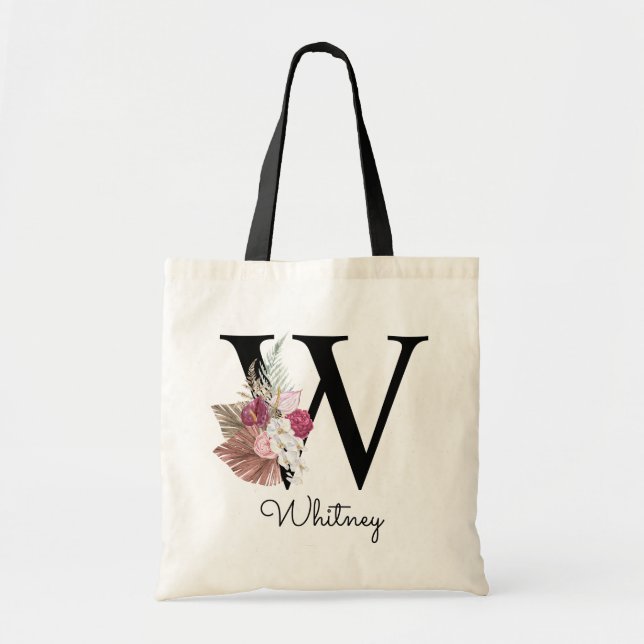 Bolsa Tote Inicial Monogramada W Rosa Boho Menina Floral (Frente)