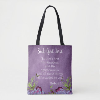 Bolsa Tote Inspiração Procure Deus Primeiro Floral Roxo
