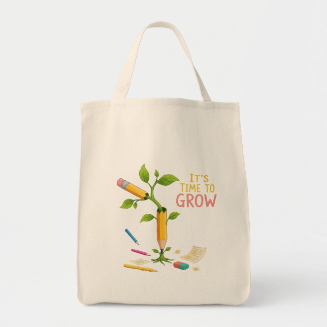 Bolsa Tote Inspirational "It's Time to Grow" Pencil Plant | T (Frente)