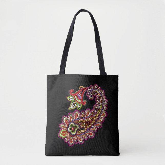 Bolsa Tote Intricate Paisley in Vibrant Pinks on Black  (Frente)