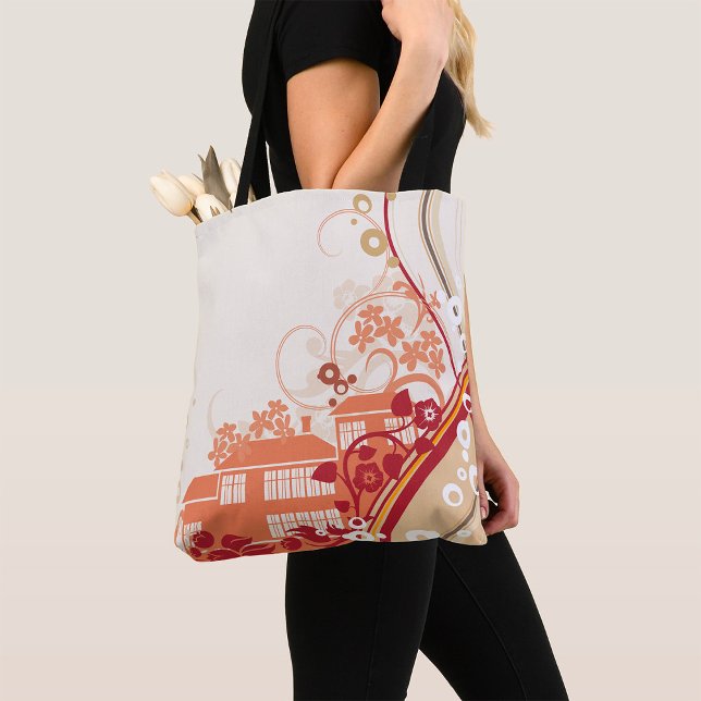 Bolsa Tote Inverno de Ilustração de Casa Floral e Padrão Natu (Criador carregado)