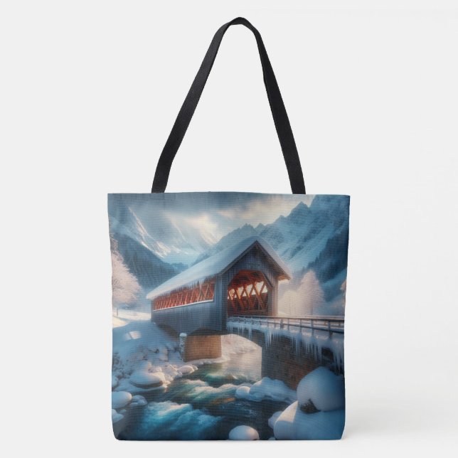 Bolsa Tote Inverno, ponte coberta por neve e rio (Frente)