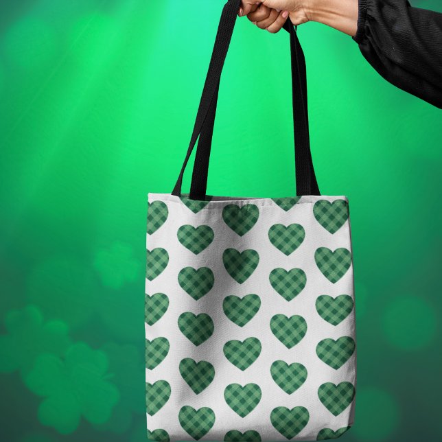 Bolsa Tote Irlandês-Pensado com Padrão Cardíaco Verde do Tart (Irish-Themed with Green Tartan Heart Pattern Tote Bag)