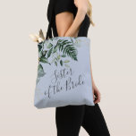 Bolsa Tote Irmã botânica azul Dusty da noiva<br><div class="desc">Azul empoeirado Folhas botânicas Greenery Mãe do presente do noivo Tote Bag</div>