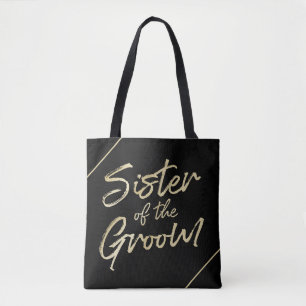Bolsa Tote Irmã do Noivo Tipografia Moderna em Script Dourado