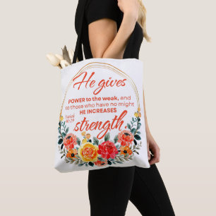 Bolsa Tote Isaiah 40:29 Ele dá ao poder Escritura Floral Verm