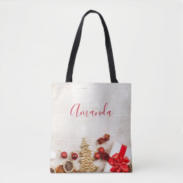 Bolsa Tote Itens de Natal em um Conselho Russo de Madeira