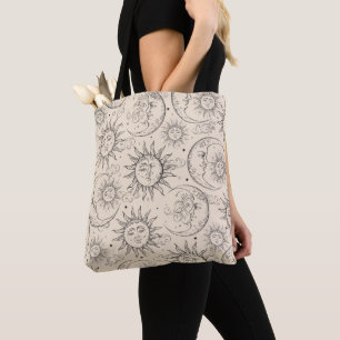 Bolsa Tote Ivory Cream Magic Vintage Celestial Sun Stars