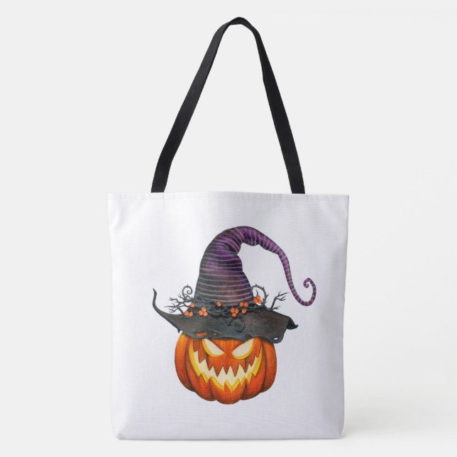 Bolsa Tote Jack-O-Lanterna com o Chapéu das Bruxas (Frente)