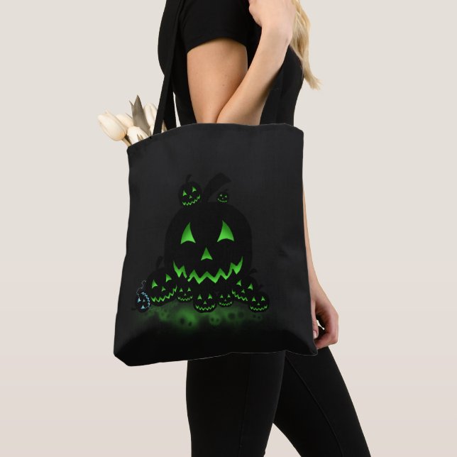 Bolsa Tote Jack O Lanterna do Halloween Negro Verde Brilhante (Close Up)