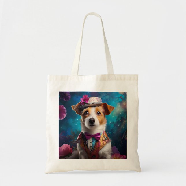 Bolsa Tote Jack Russell, chapéu branco, flor rosa (Frente)