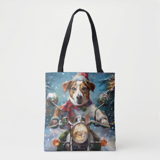 Bolsa Tote Jack Russell Cog Andando na Moto Natal (Frente)