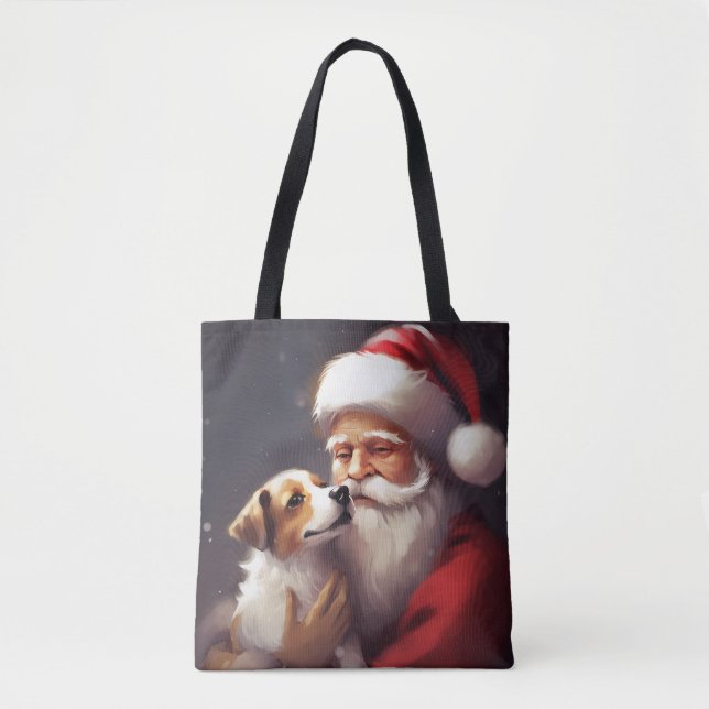 Bolsa Tote Jack Russell Com Papai Noel Natal Festivo (Frente)