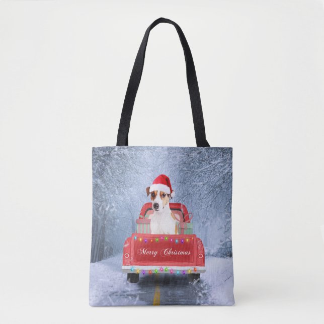 Bolsa Tote Jack Russell Dog em neve sentado no Natal (Frente)