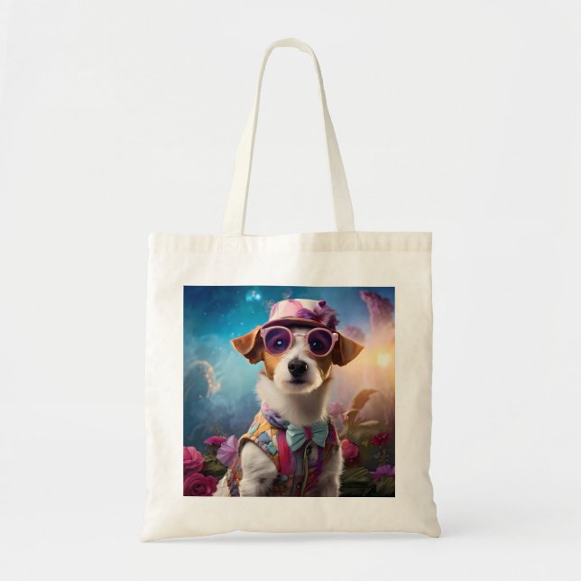 Bolsa Tote Jack Russell, óculos rosa e chapéu rosa (Frente)