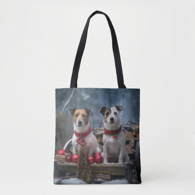 Bolsa Tote Jack Russell Snowy Sleigh Decência de Natal (Frente)