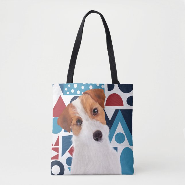 Bolsa Tote Jack Russell Terrier Dog Blue e Red Geométrico (Frente)