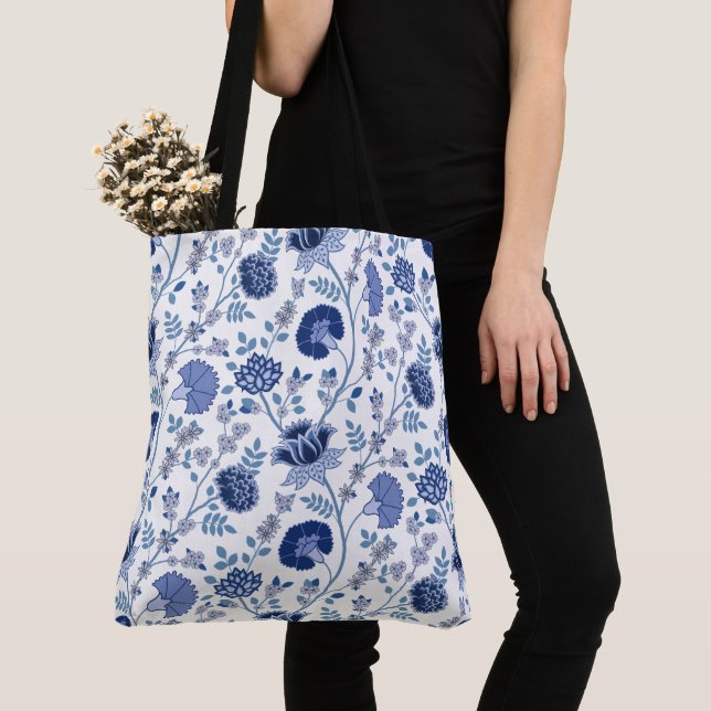 Bolsa Tote Jacobean Floral Big Pattern Blue em branco (Close Up)