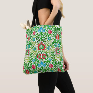 Bolsa Tote Jacobean Floral Damask, Green and Coral Red