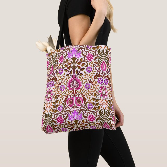 Bolsa Tote Jacobean Floral Damask, Pink, Violet e Brown (Close Up)