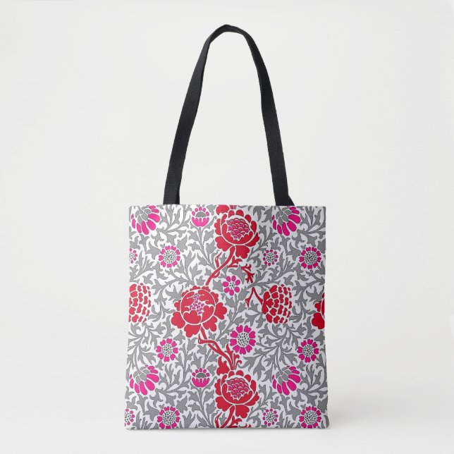 Bolsa Tote Jacobean Floral, Deep Red Pink e Cinzas (Frente)
