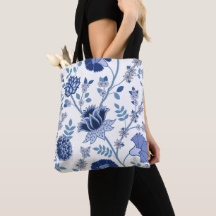 Bolsa Tote Jacobean Floral Lg Pattern Blue em Branco