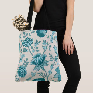 Bolsa Tote Jacobean Floral Lg Patterna Teals em Creme