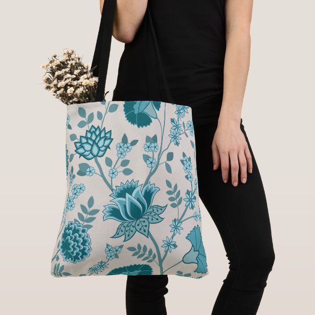 Bolsa Tote Jacobean Floral Lg Patterna Teals em Creme (Close Up)