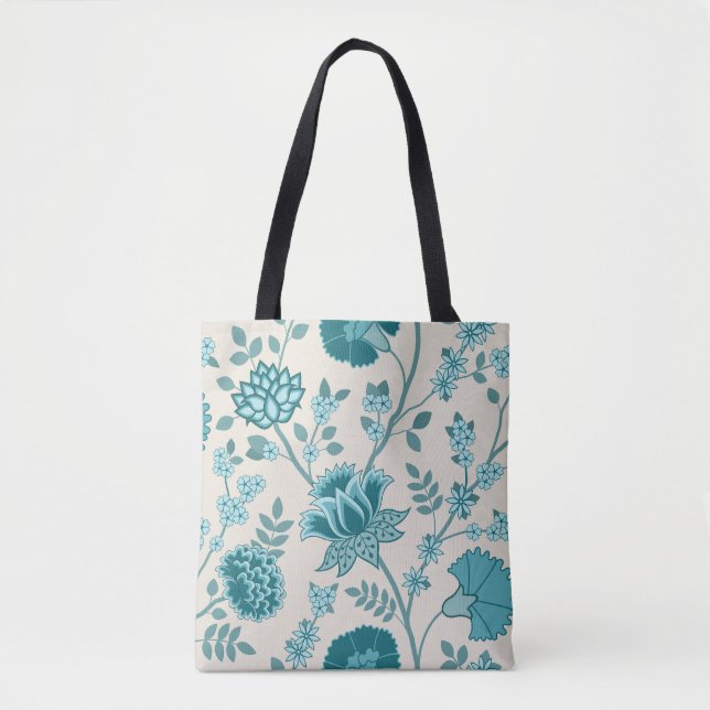 Bolsa Tote Jacobean Floral Lg Patterna Teals em Creme (Frente)