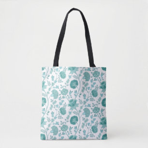 Bolsa Tote Jacobean Floral Pattern Teals on White