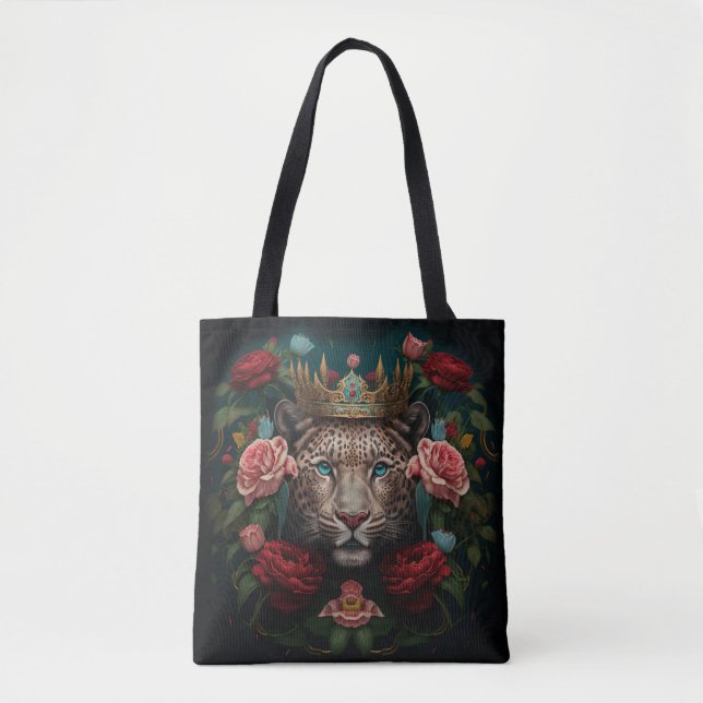 Bolsa Tote Jaguar with Crown in Flowers Painting              (Frente)