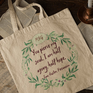 Bolsa Tote Jane Austen Quote Romântico Monograma Bookworm