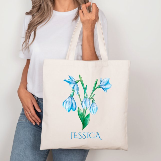 Bolsa Tote Janeiro Nascimento Mês Flor Azul Neve (Criador carregado)