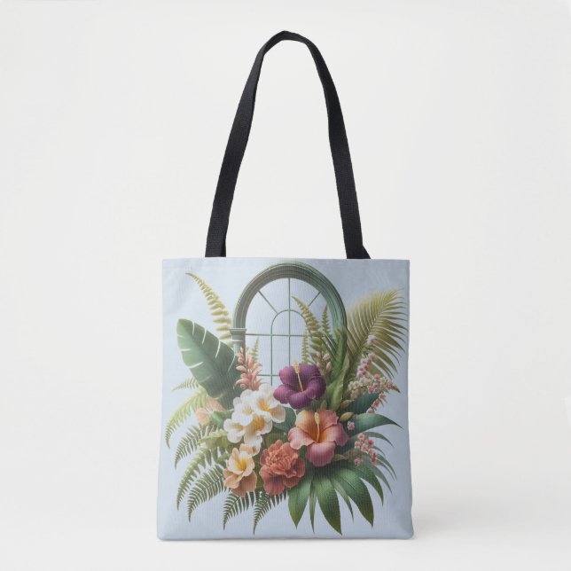 Bolsa Tote Janela Arranjada de Folhagem Tropical (Frente)