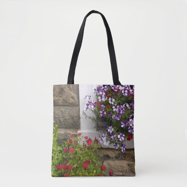 Bolsa Tote Janela escocesa de algodão com petúnias e rosas (Frente)