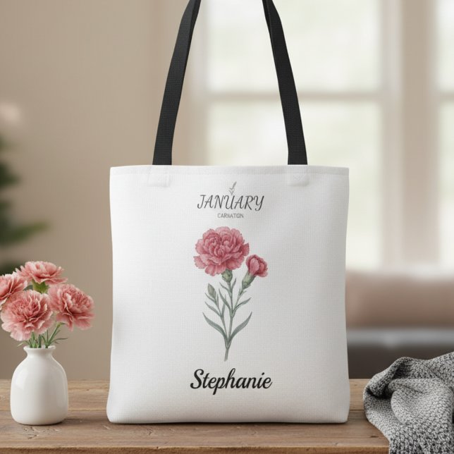 Bolsa Tote January Birthday Gift Carnation Birth Flower Art (January birth month flower carnation birthday tote bag)