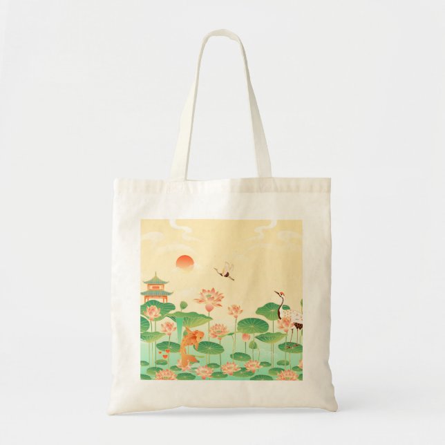 Bolsa Tote Japanese Garden Koi Pond and Waterlilies Art (Frente)