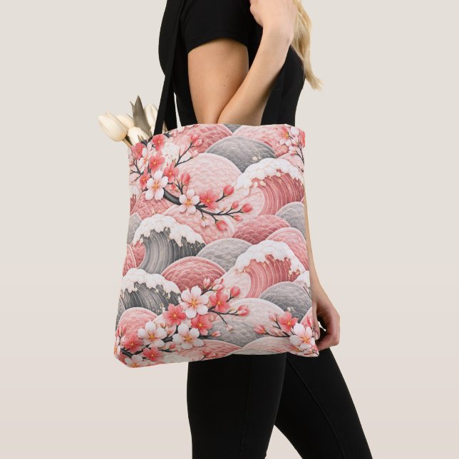 Bolsa Tote Japanese Wave Cherry Blossom Pattern Pink Coral  (Close Up)