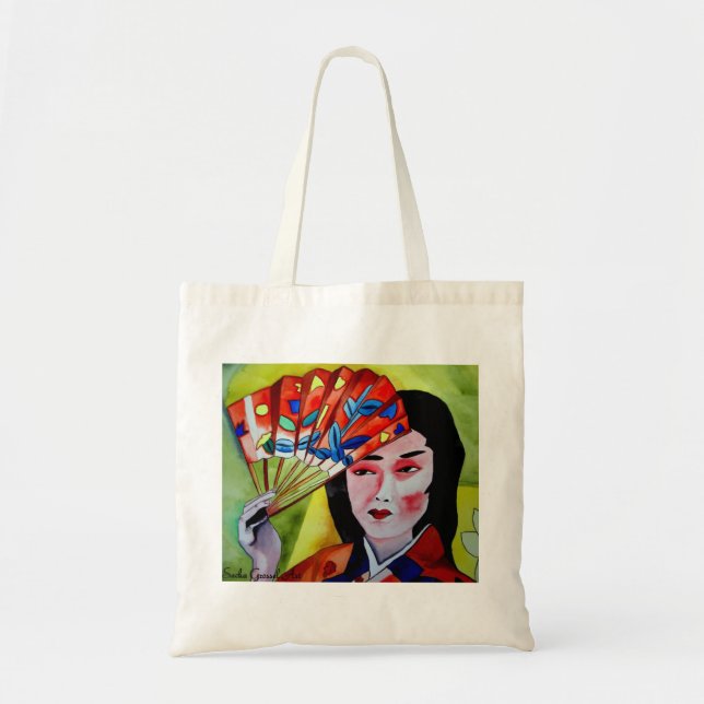 Bolsa Tote japonês Geisha com fã aquarela arte original (Frente)