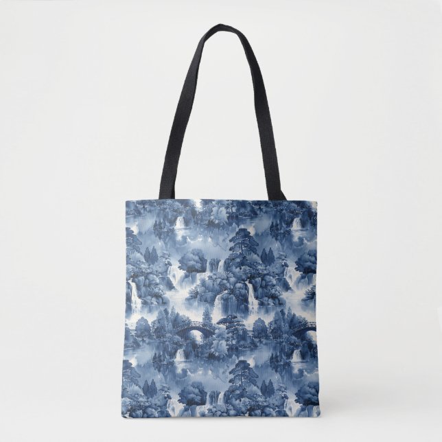 Bolsa Tote Jardim d'água japonês em porcelana branca azul (Frente)